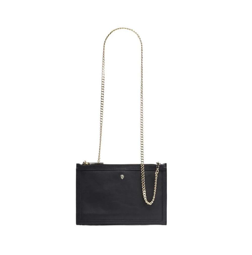 Helen Kaminski Black Leather Clutch Handbag Gold Chain Shoulder Bag